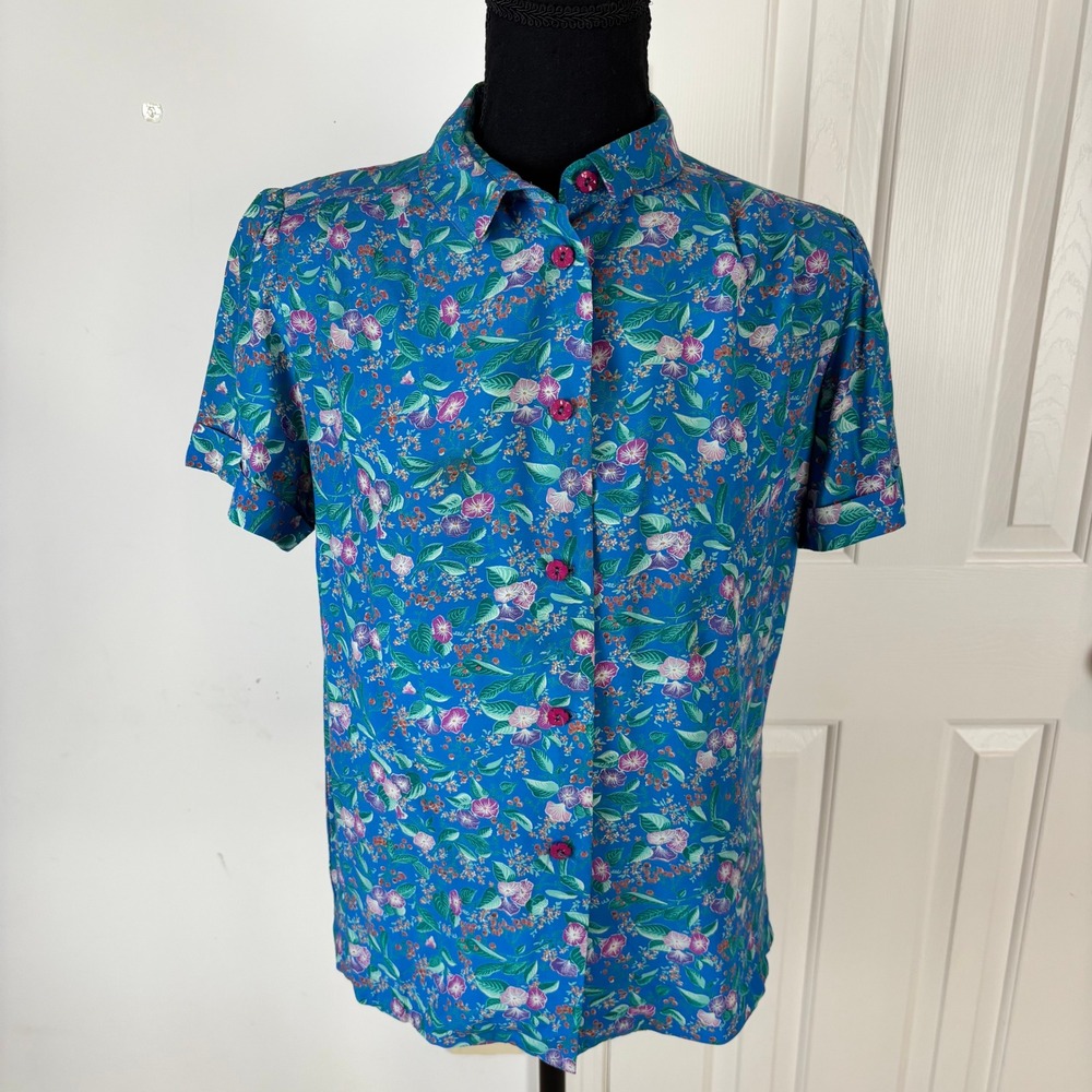 Belle France Jane Schaffhausen Vintage Blue Floral Button Up Blouse Womens‎ 8